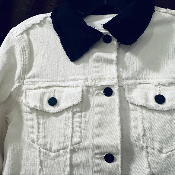 Frame Block Denim Jacket Contrast Collar XS White Black Raw Hem - Picture 5 of 6